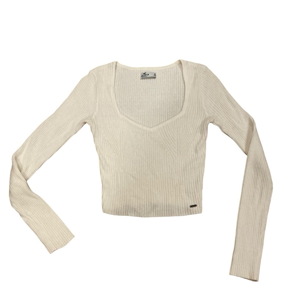 Hollister rib knit crop top long sleeve sweetheart beige Sz XS